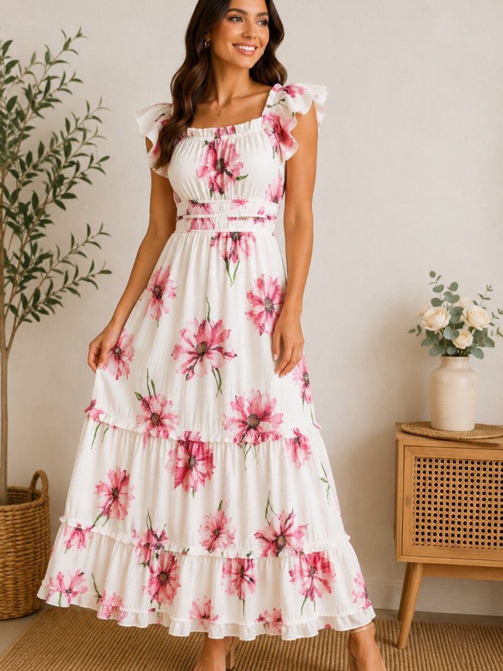 Luxology Women's Floral Midi Dress Size Small Pink Ivory Flutter Sleeve Rayon